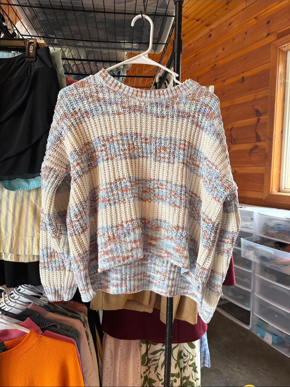 SO Cream Knit Crewneck Sweater with Blue and Tan Stripes